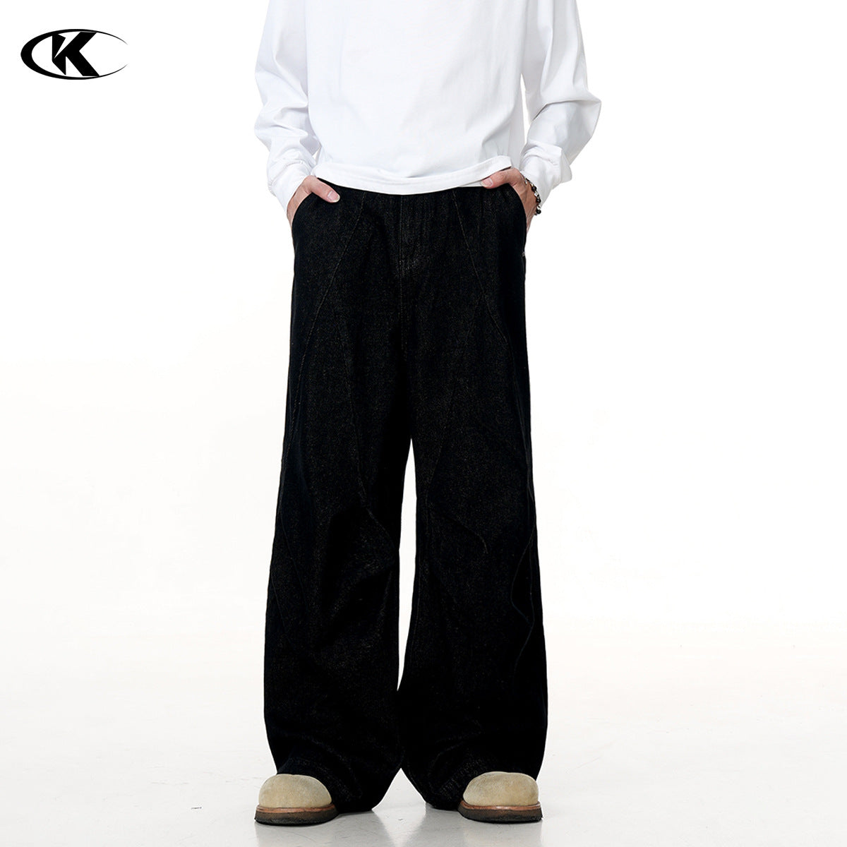 11KN washed pleated black straight jeans