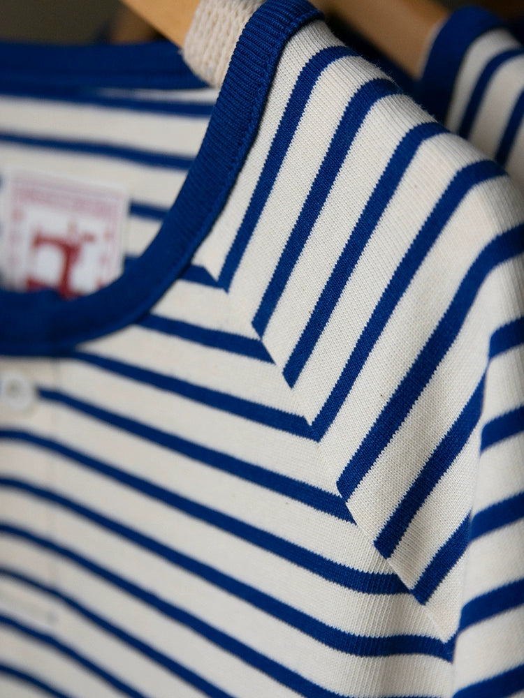 PrintAce Henry Collar Shoulder Vintage Blue and White Striped Tee