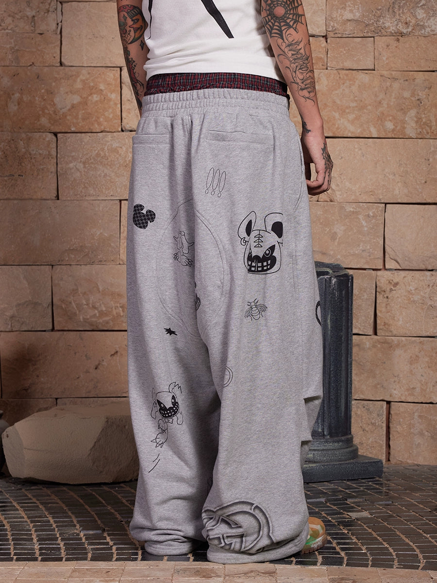 DND4DES Graffiti Print Double Waist Splicing Gray Sweatpants
