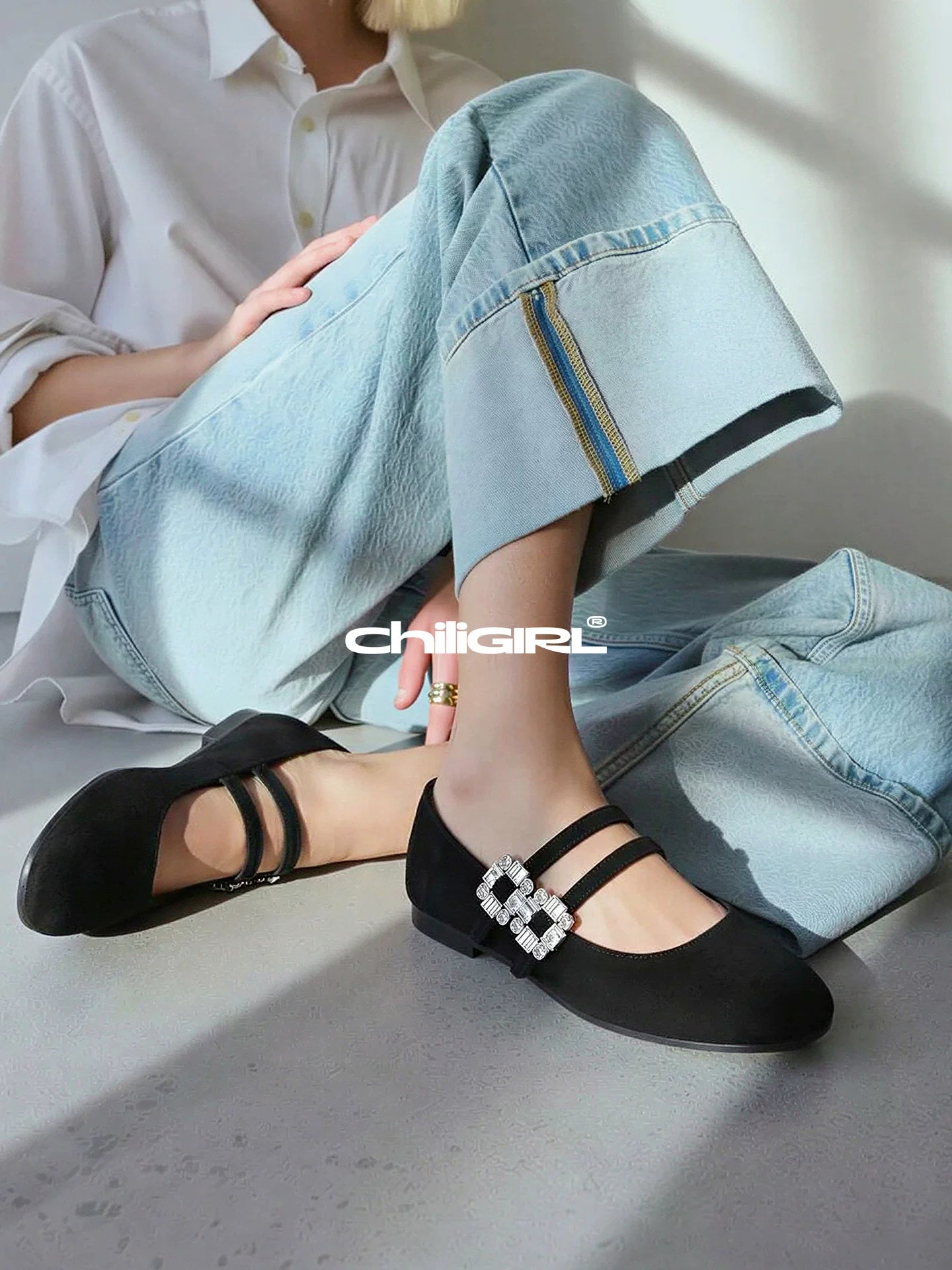 CHILIGIRL Suede Temperament Rhinestone Square Buckle Double Belt Versatile Single Shoes