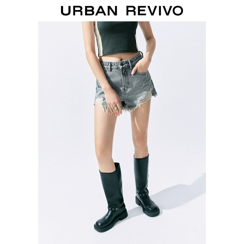 URBAN REVIVO Simple Street-style Fringed Casual Shorts