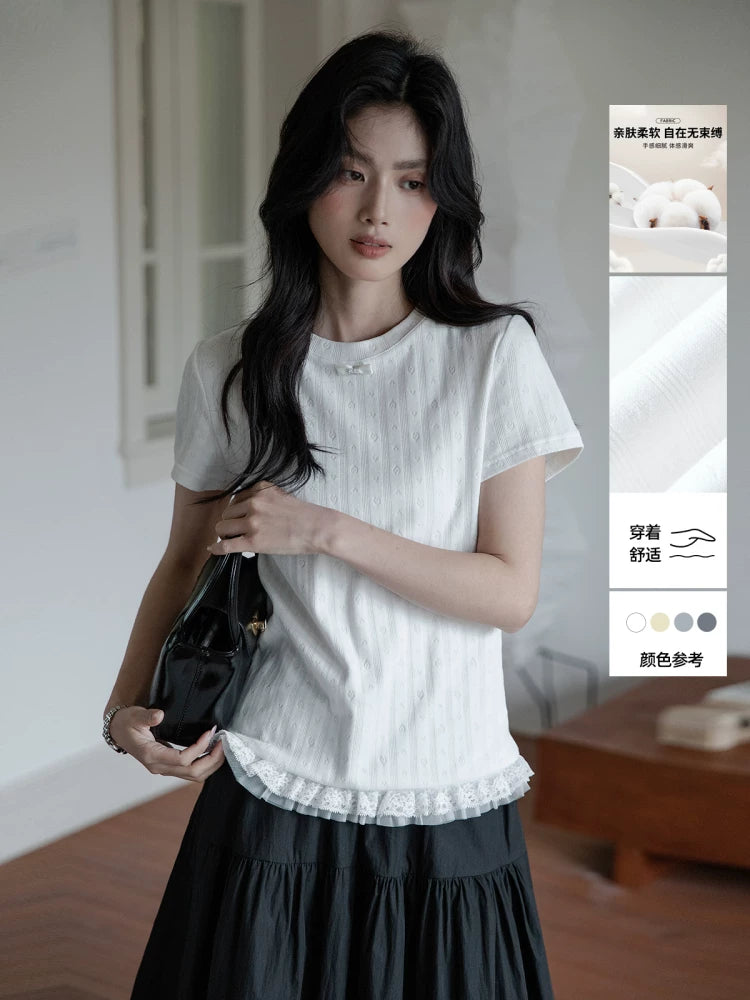 XUJING Front Shoulder Lace Edge Hem Waist Thin Tee