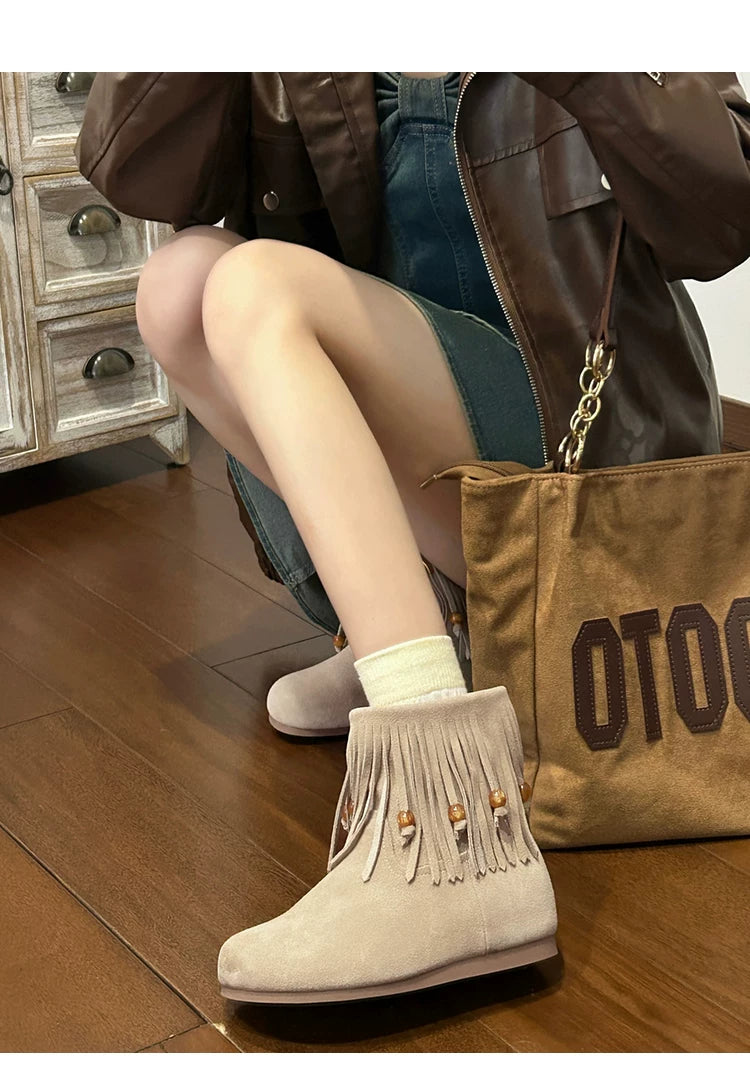 CHRNDXEE Frosted Suede Side Zipper Fringed Flat Boots