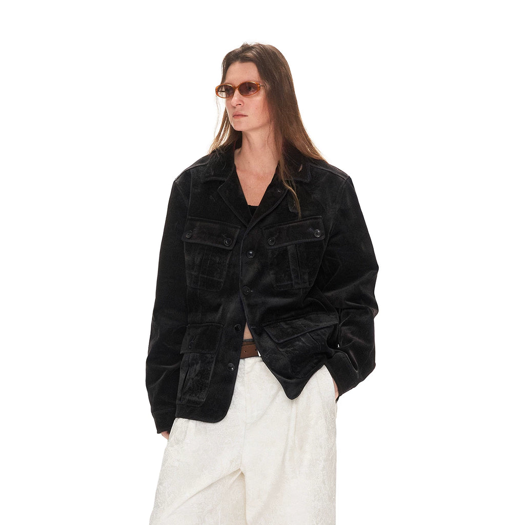 ANTERIOR LOVED Fleece Multi-pocket Denim Slim-fit Stand-up Jacket