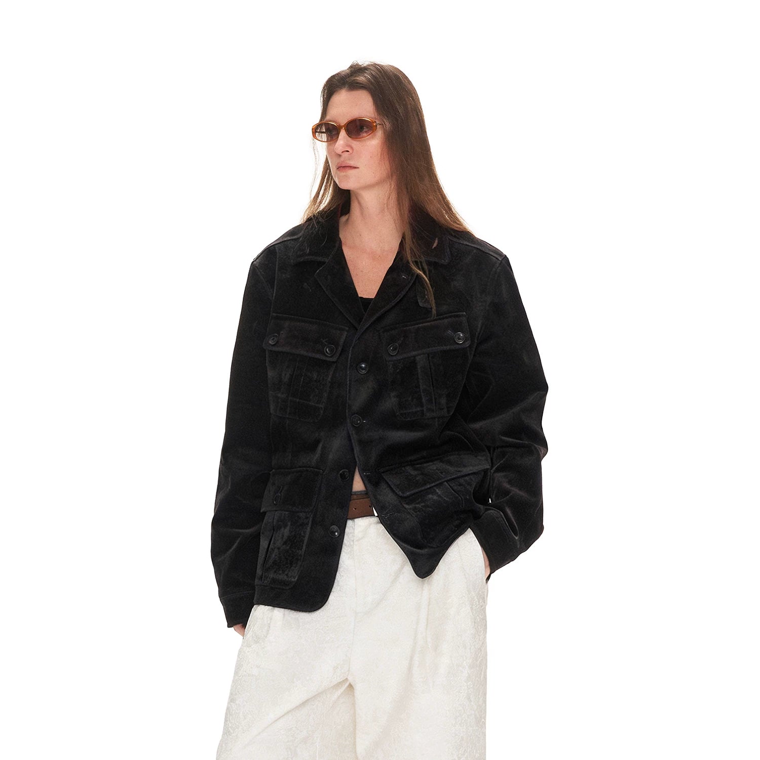 ANTERIOR LOVED Fleece Multi-pocket Denim Slim-fit Stand-up Jacket