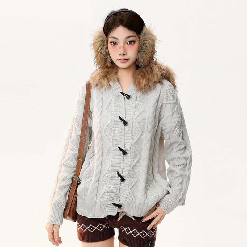 Mershier Fur Collar Twist Hooded Knitted Jacket