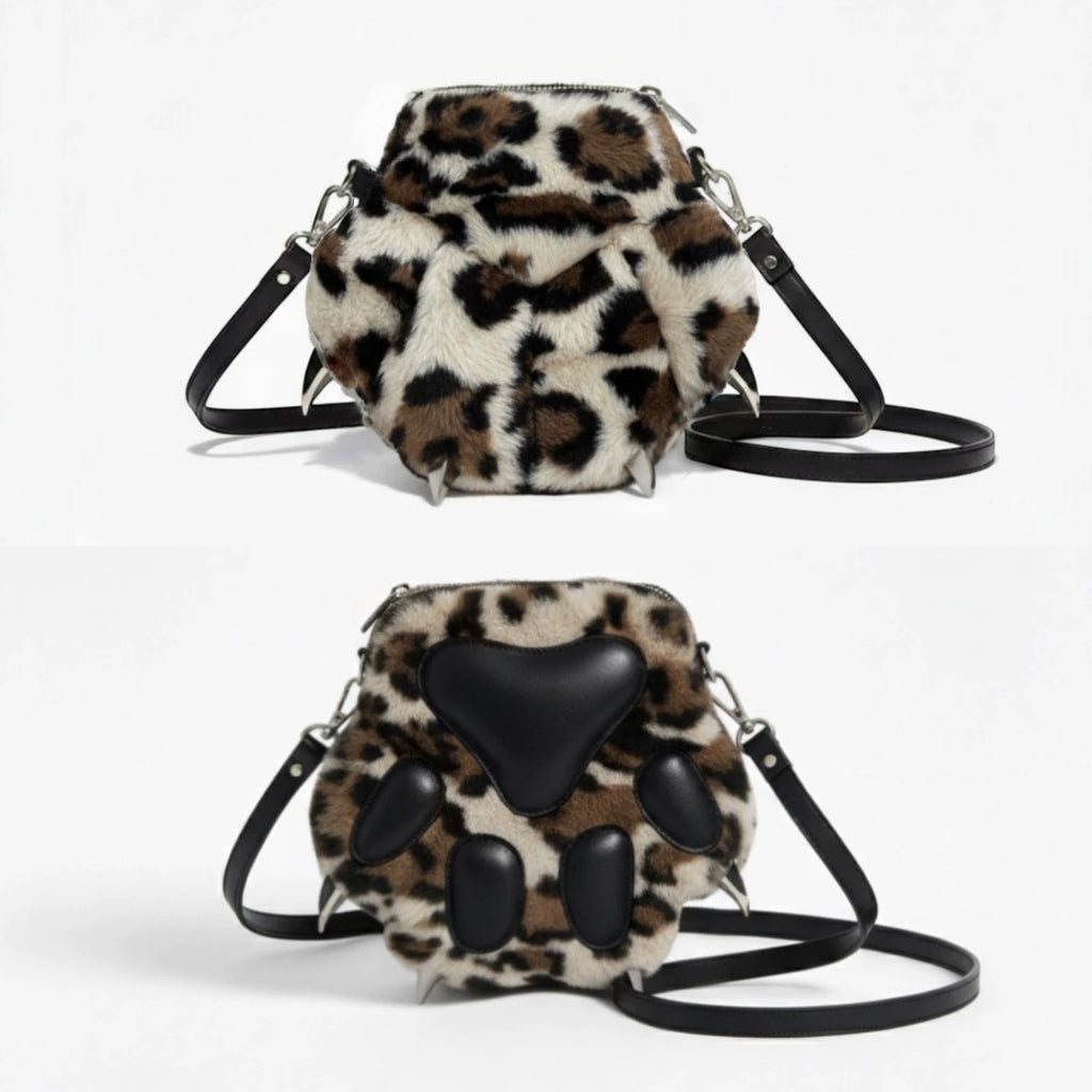 DND4DES   Plush Leopard Print Bear Claw Bag Genuine Leather Messenger Bag