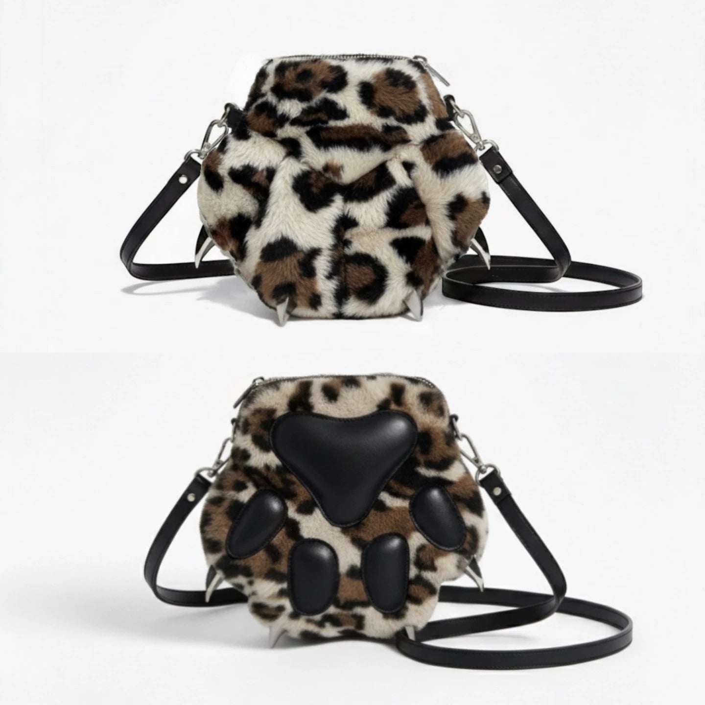 DND4DES   Plush Leopard Print Bear Claw Bag Genuine Leather Messenger Bag