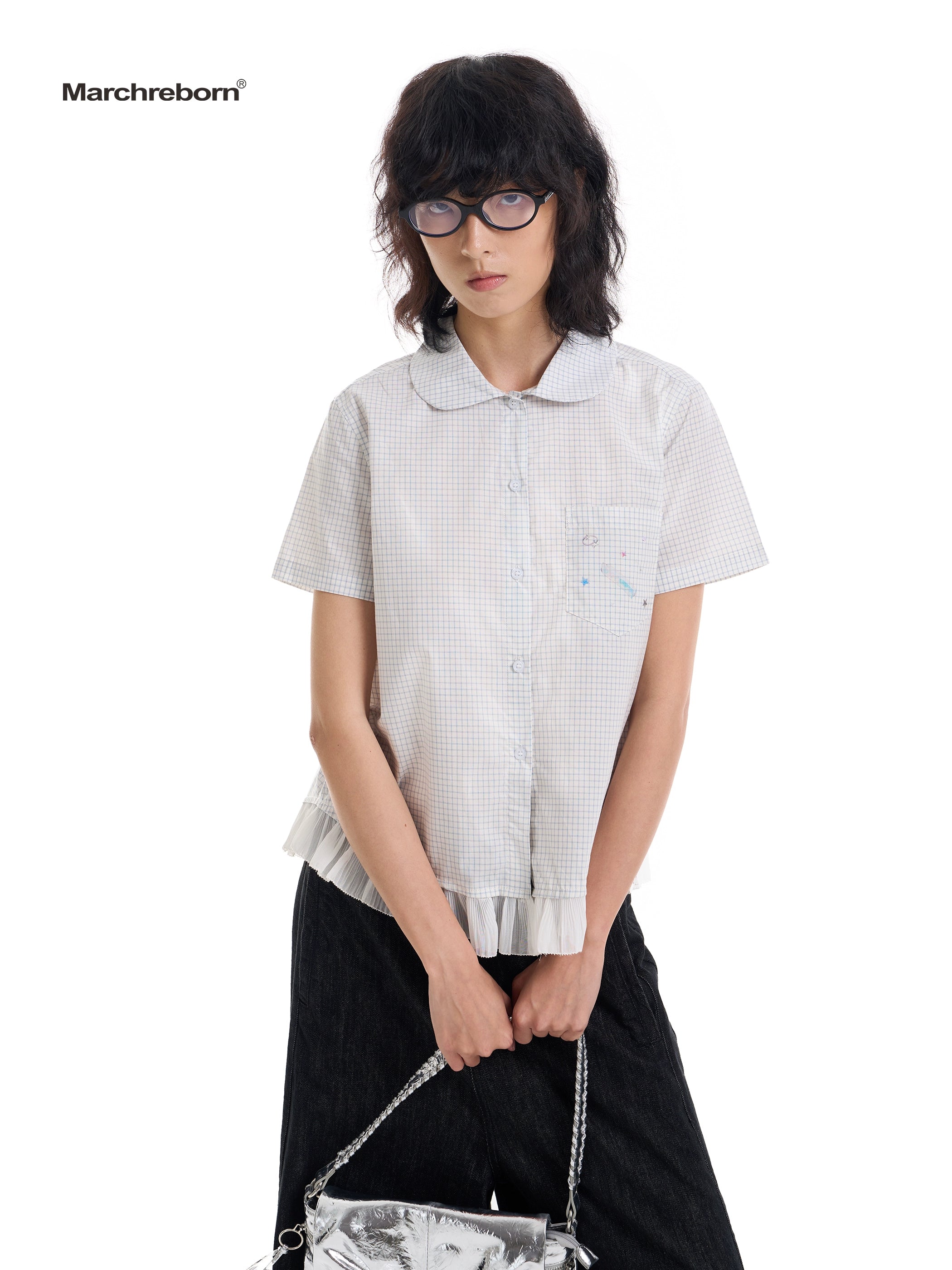 March College Vintage Checked Irregular Lace Short Sleeve Shirt