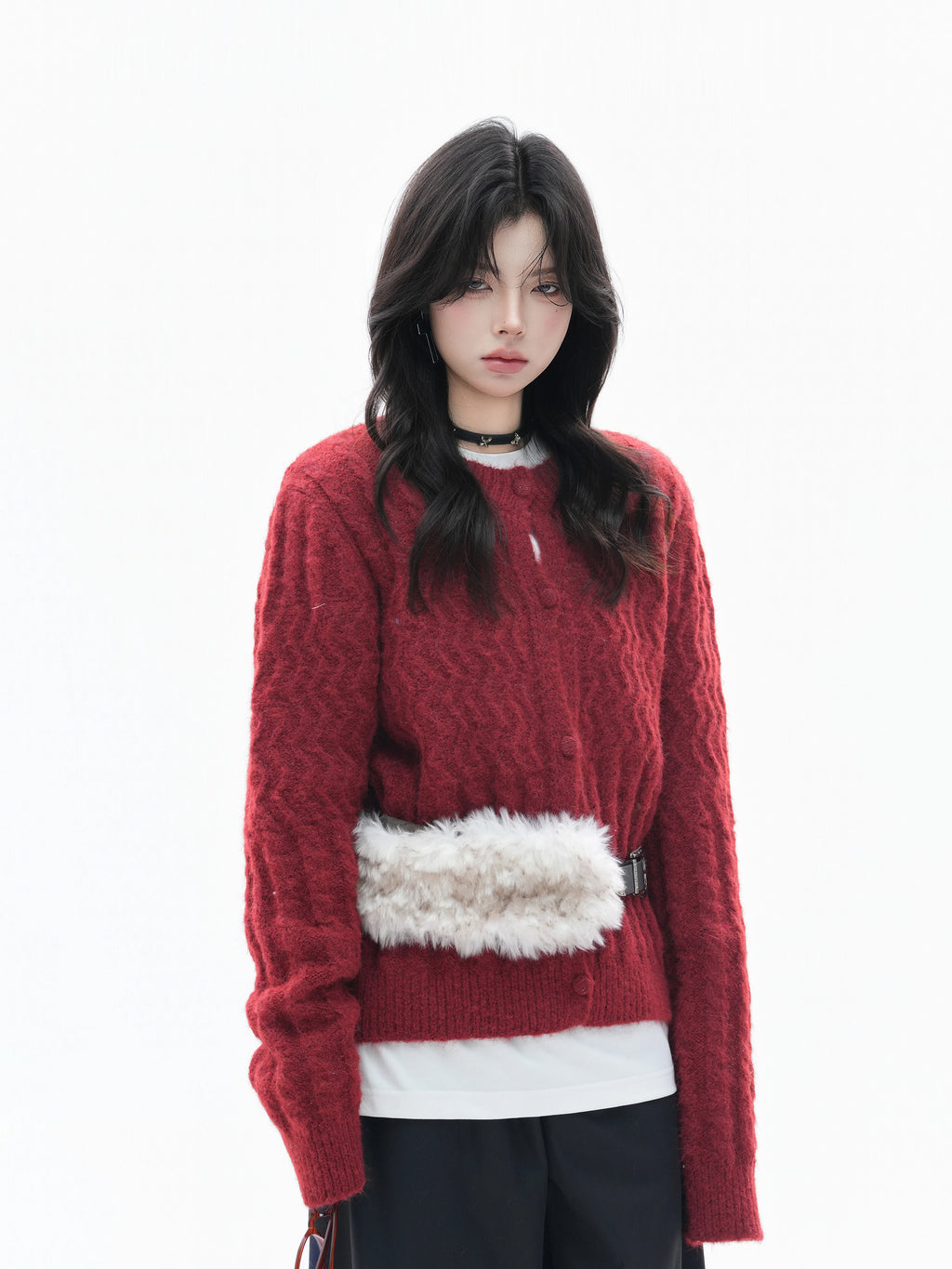 Zuocisankon Detachable Fur Collar Twist Knitted Cardigan Sweater