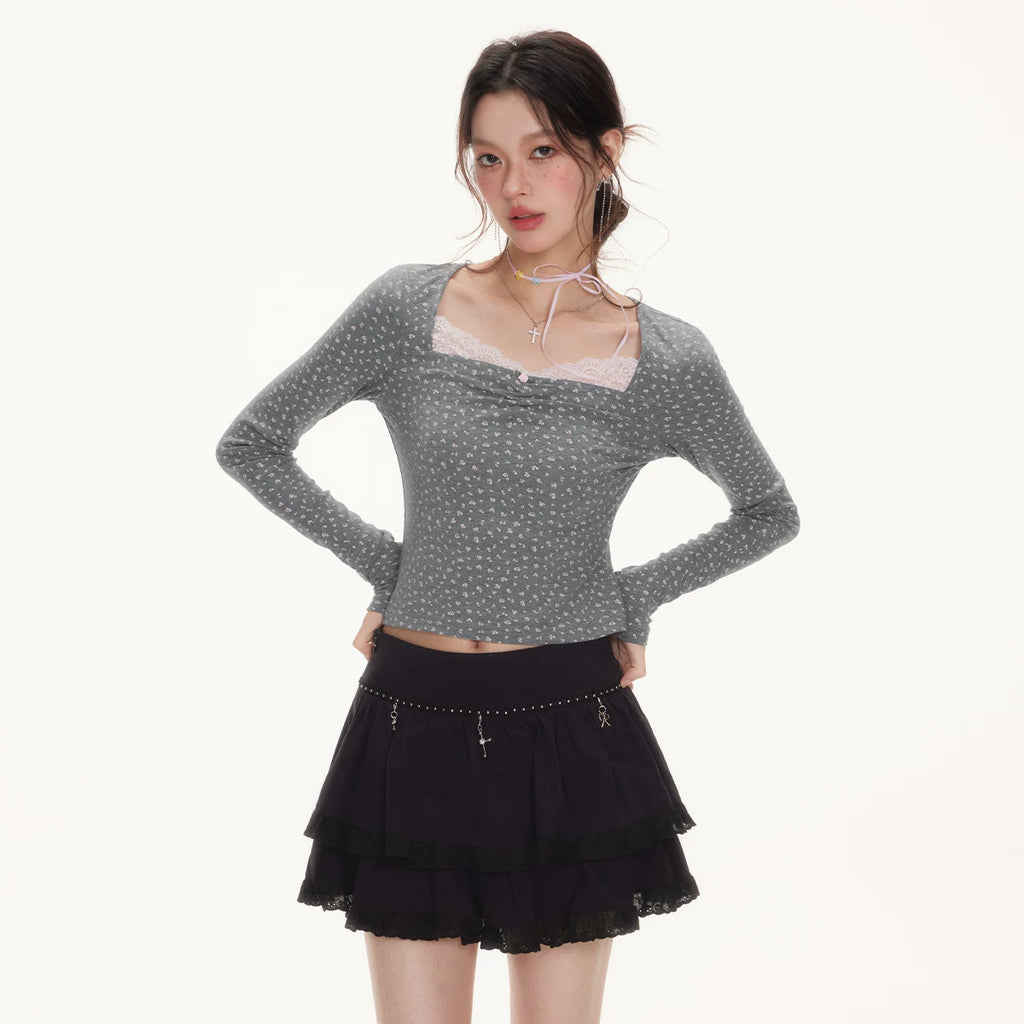 IMONE Vintage Contrast Lace Square Neck Floral Tee