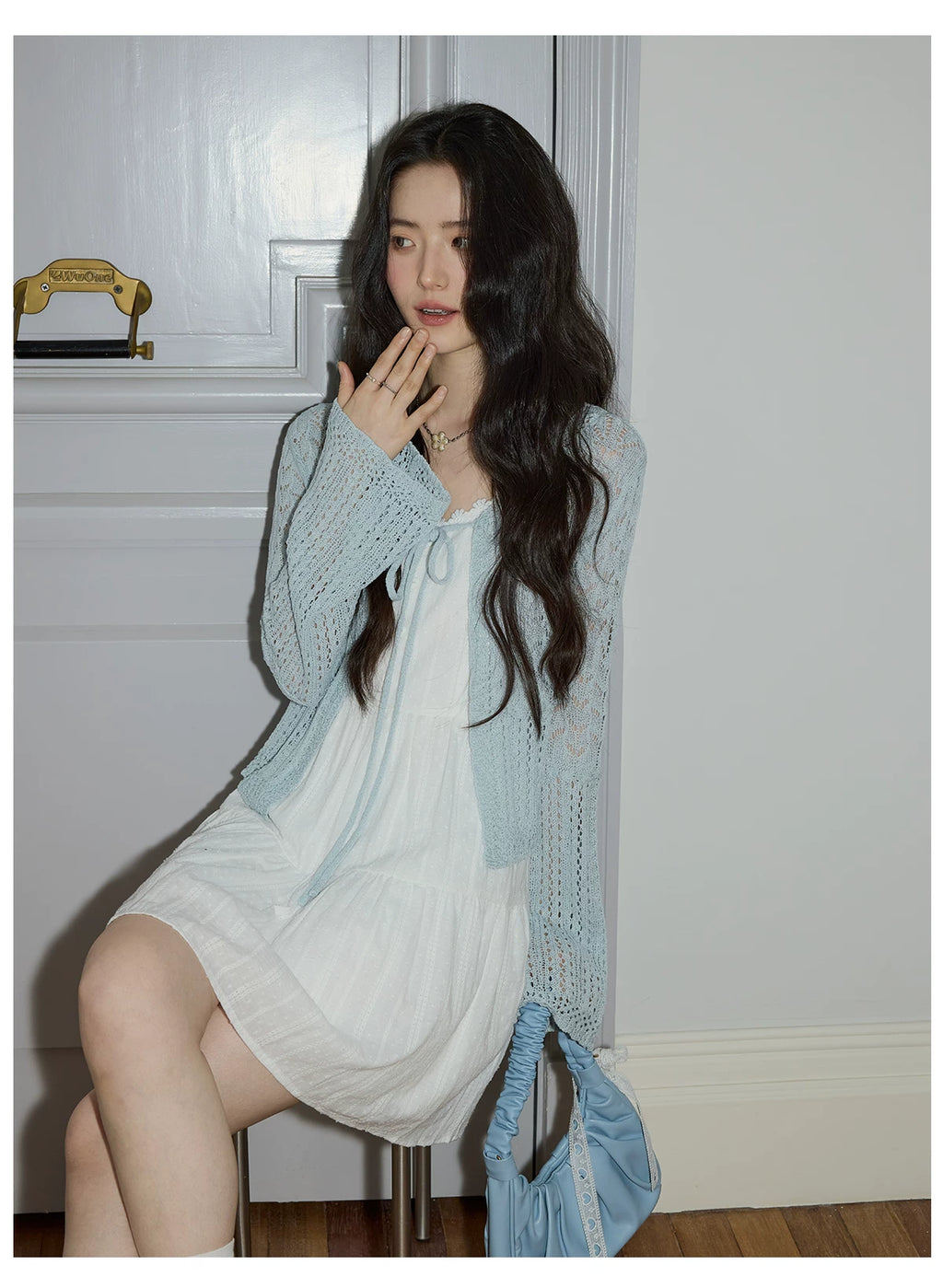 XUJING Lace-up Hollow-out Long-sleeved Knitted Cardigan