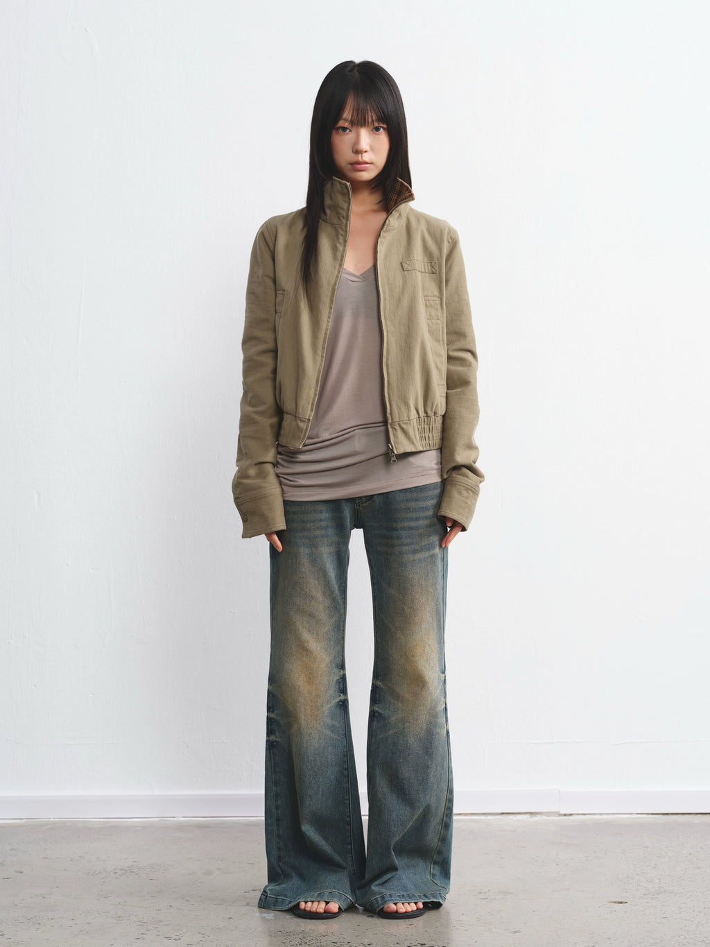 LINY LIBERTY  Vintage Plaid Lapel Flight Jacket