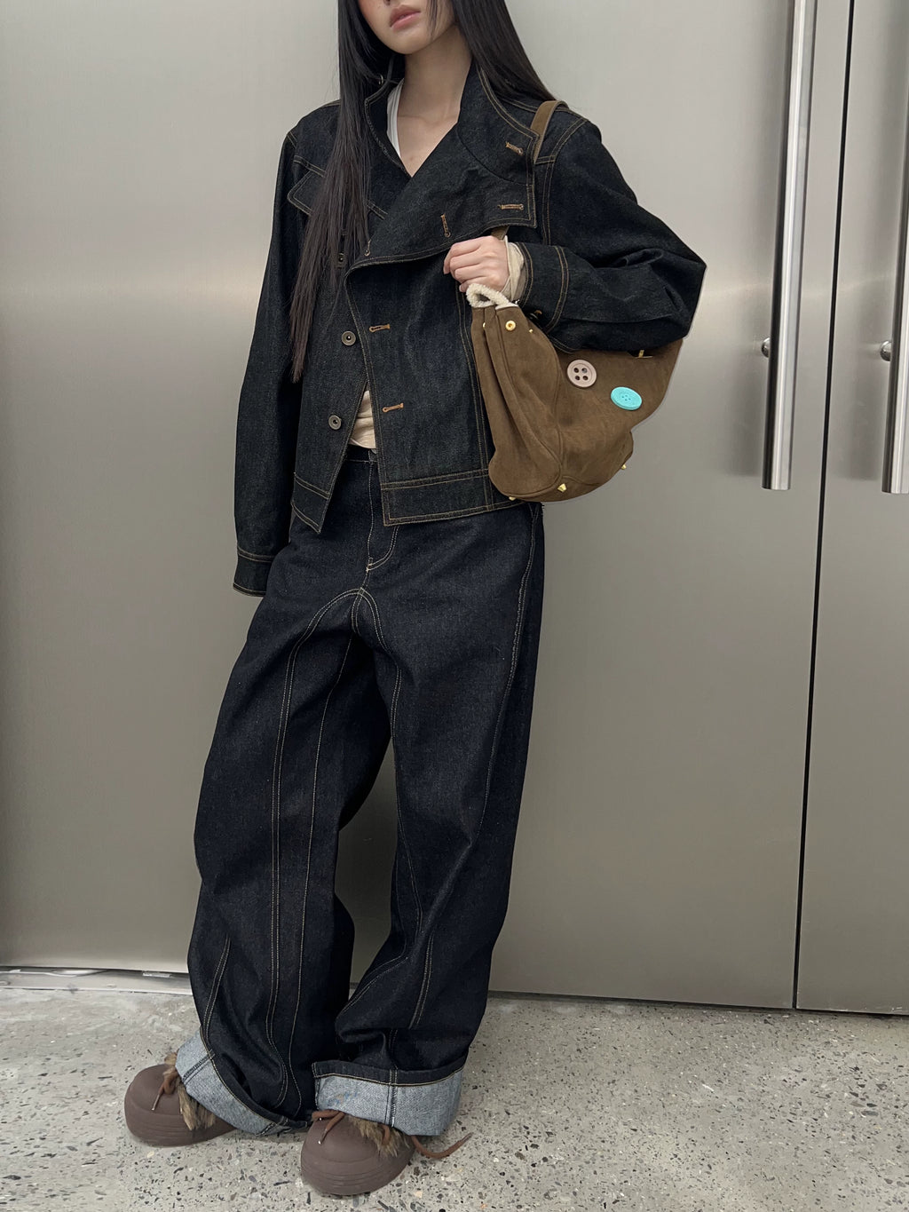 JIKOO Lapel Texture Denim Jacket