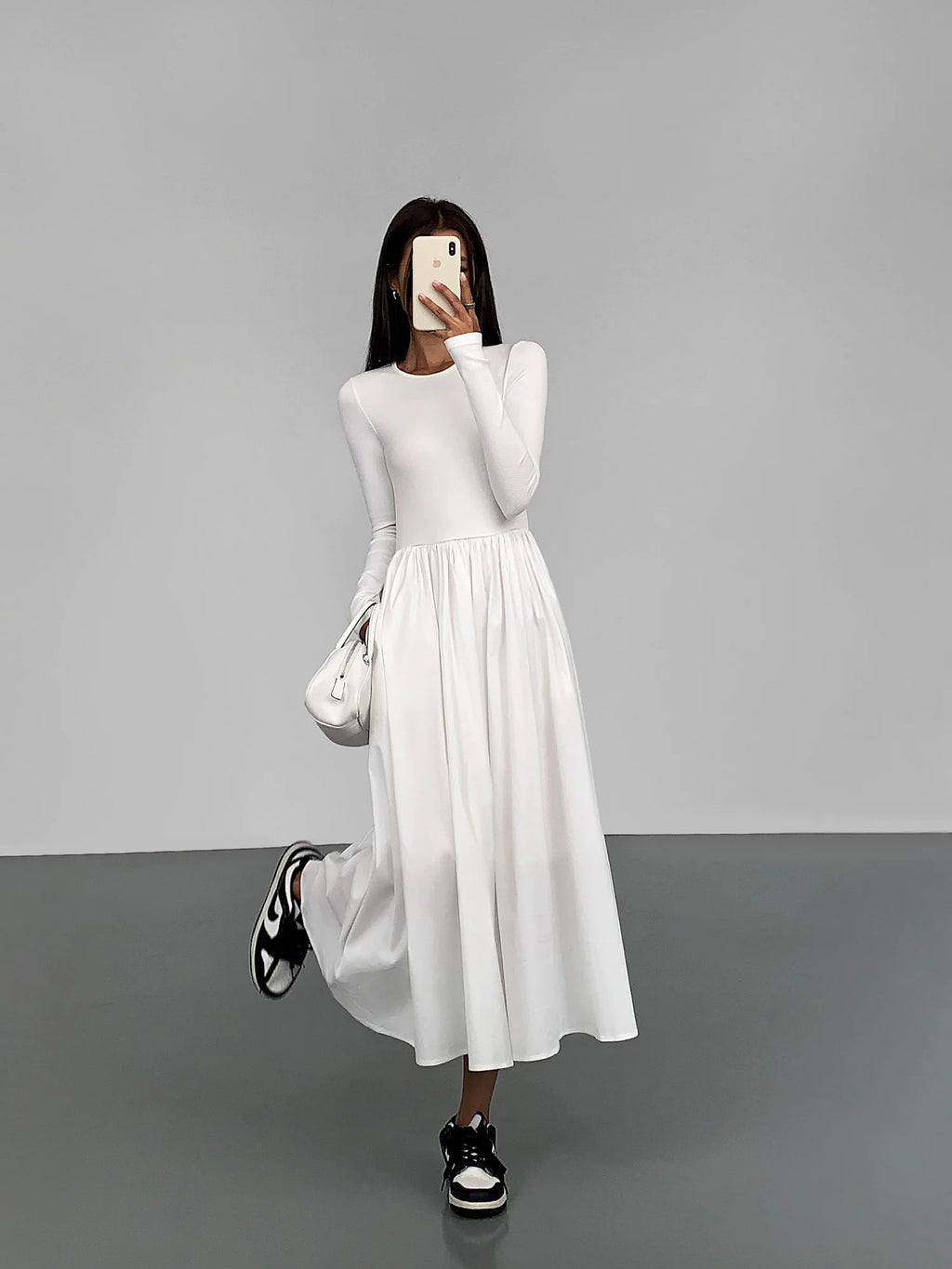 OUSPH Crew Neck Long Sleeve Knitted Dress