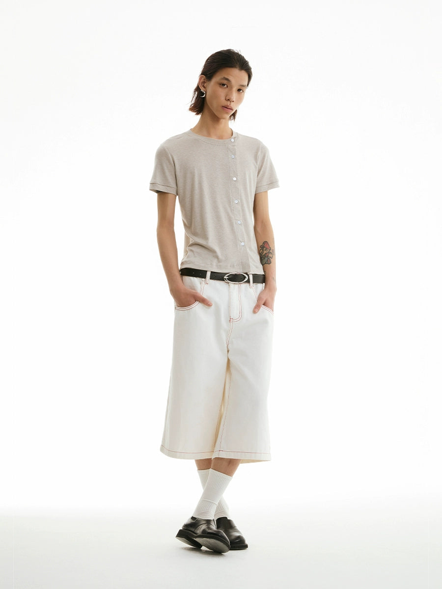 FUNKYFUN Contrasting Stitching Embroidered Eight-point Straight Jeans