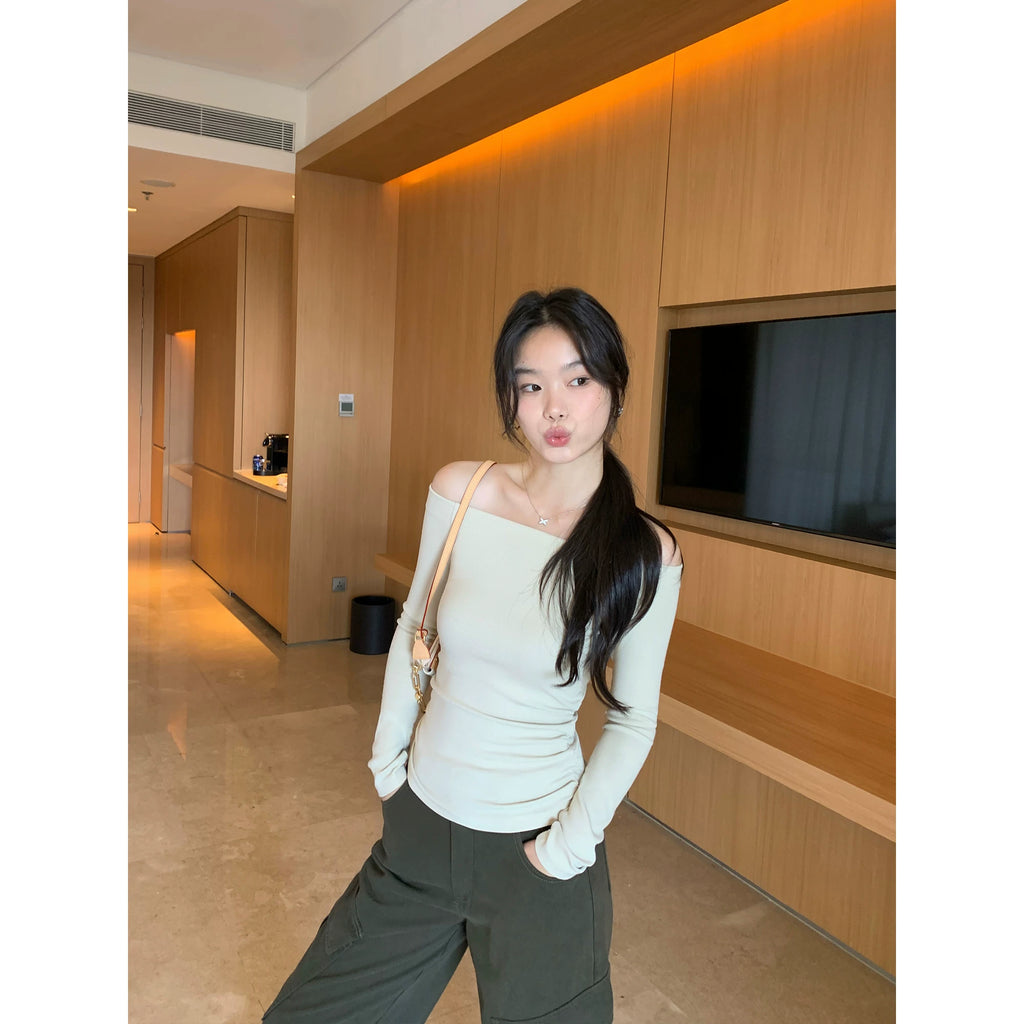 Pusumede Temperament Word Shoulder Slim Pleated Long Sleeves