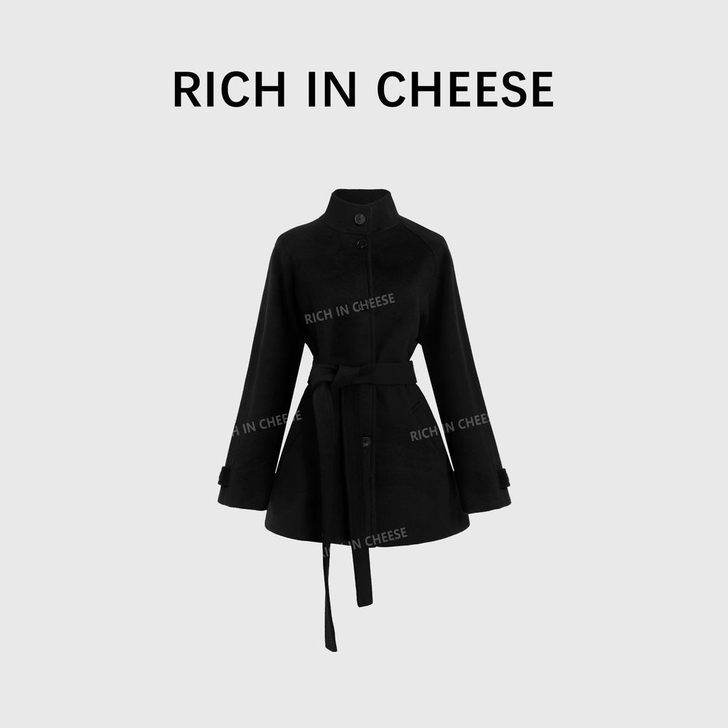 RICH IN CHEESE Premium Sense Stand-Up Neck Lace-Up Waist Wool Jacket