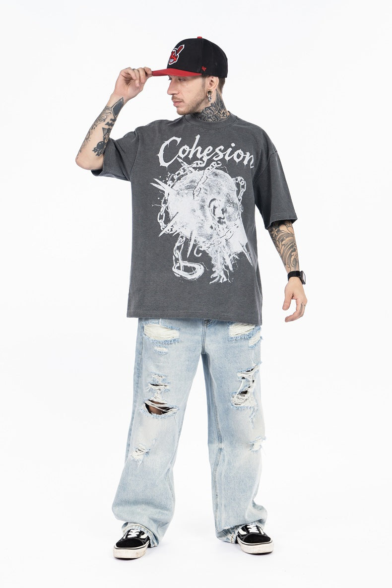SUPER WAY Skull Letter Print Loose Tee