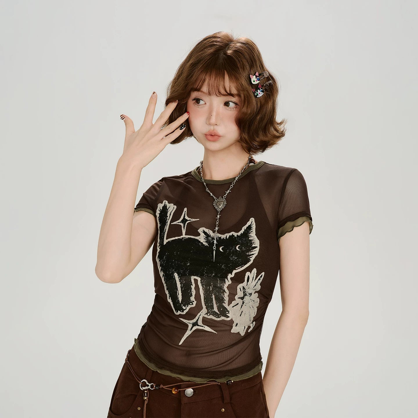 Girlyhalo Vintage Contrast Splicing Mesh Tee