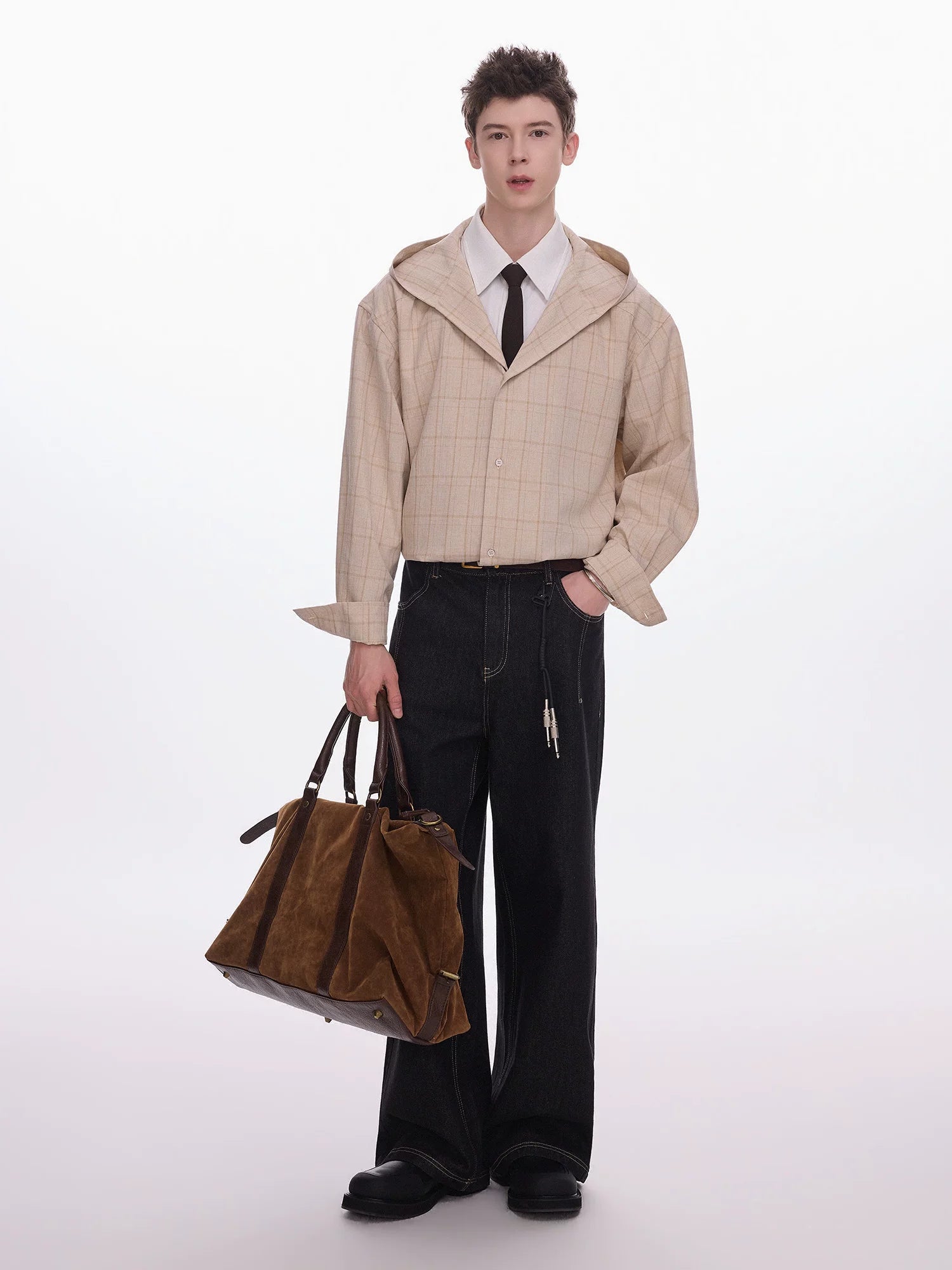 CHOR Double Neck Hooded Checked Fake Two-piece Long Sleeve Shirt