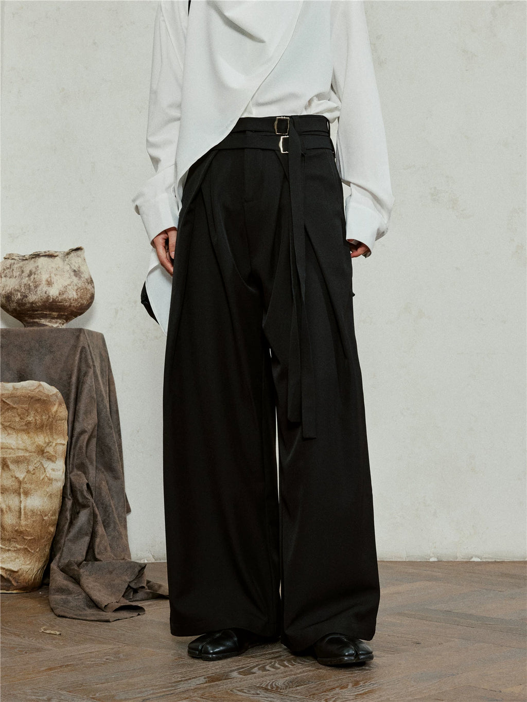 SUNYVONNE Minimalist Double Belt Wide-leg Suit Pants