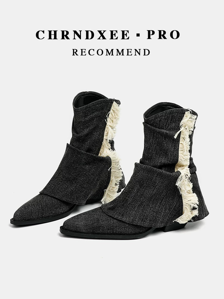 CHRNDXEE Tassel Vintage Western Cowboy Pile High Heel Boots