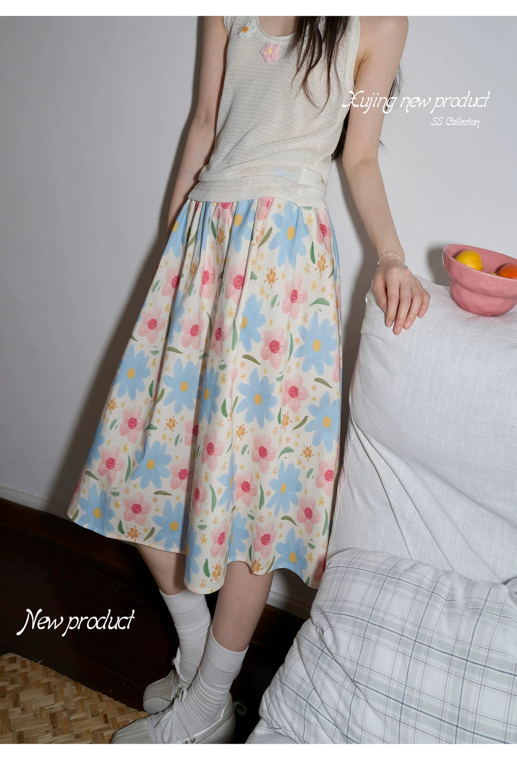 XUJING High Waist Oil Painting Print Skirt
