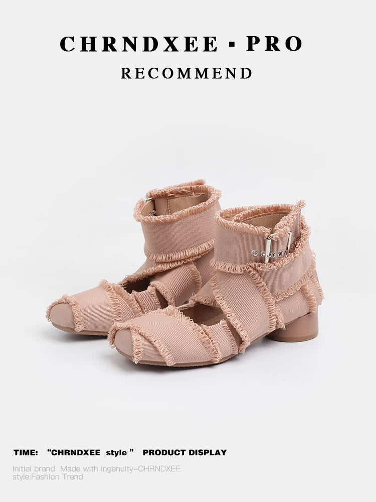 CHRNDXEE low-heeled vintage fringed cross-strap Mary Jane shoes