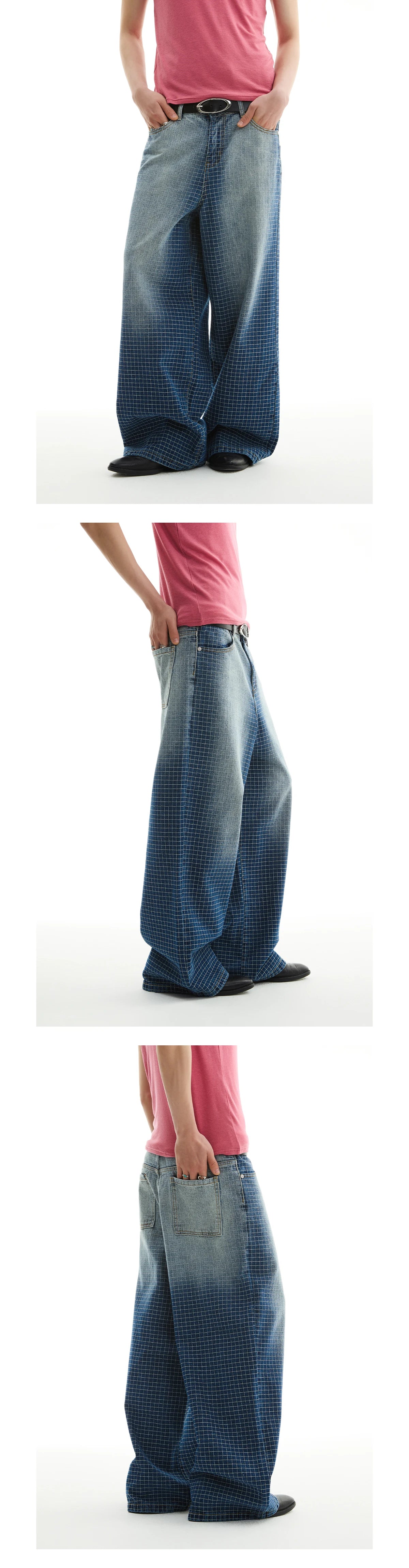 FUNKYFUN Embroidered Plaid Loose Gradual Change Straight Jeans