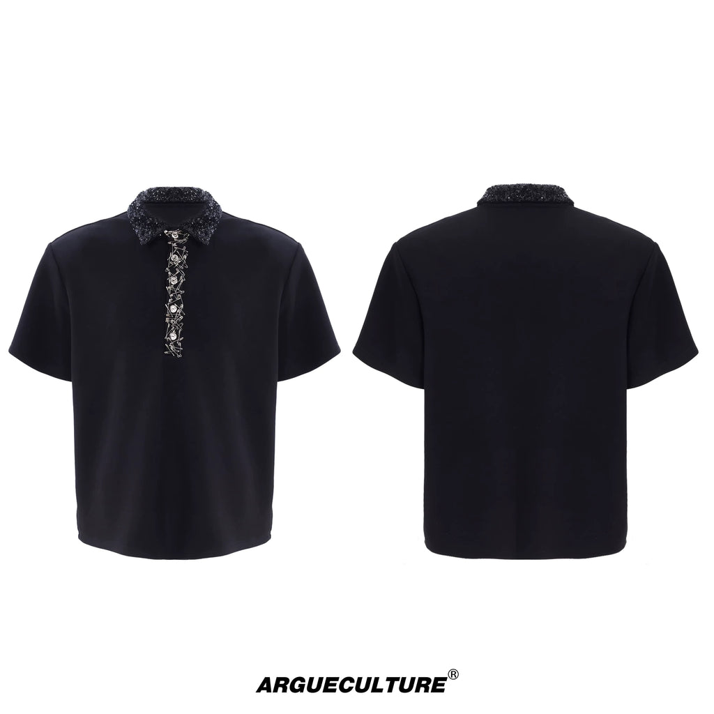 ArguECulturE Niche Sequined Square Neck Loose Polo Shirt Tee