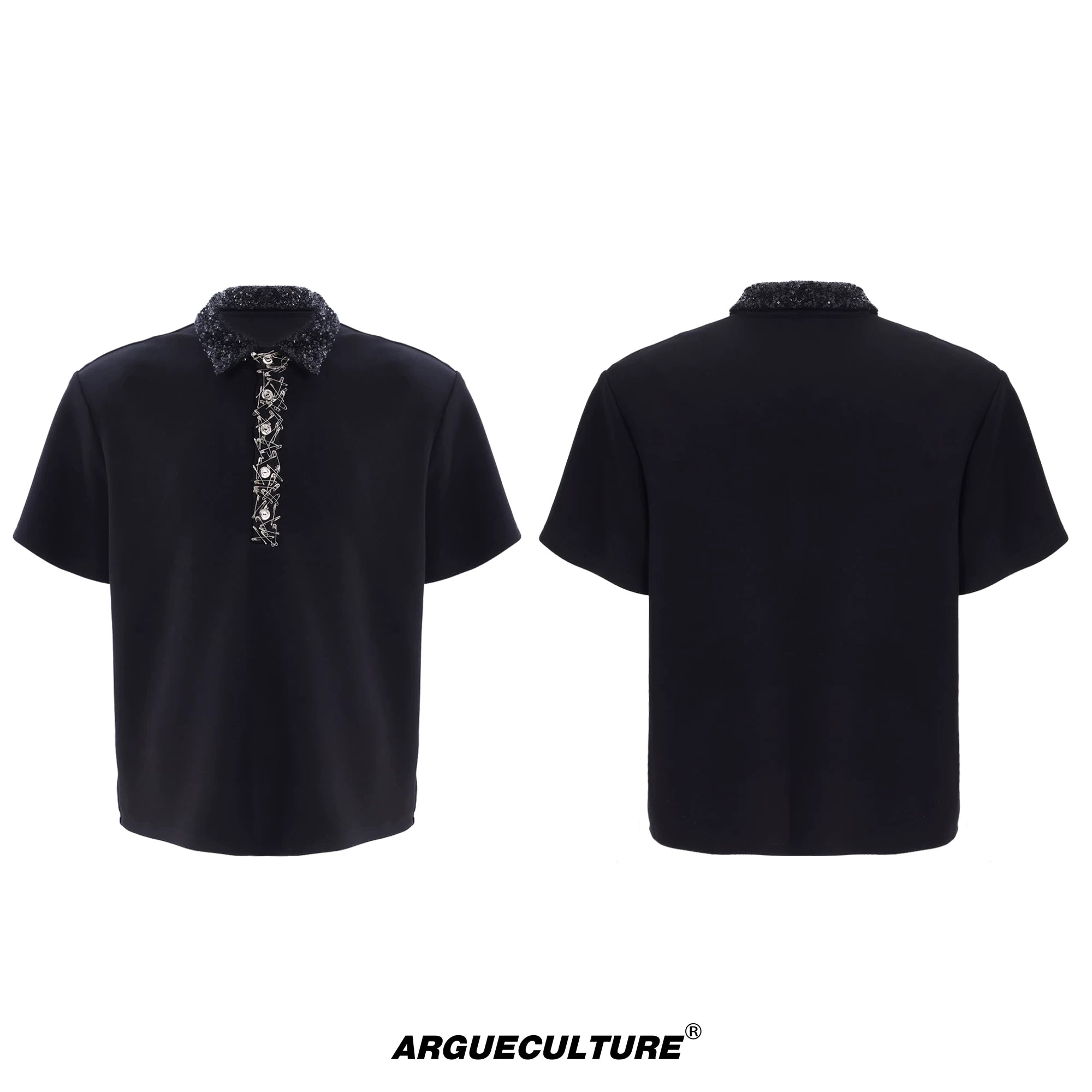 ArguECulturE Niche Sequined Square Neck Loose Polo Shirt Tee