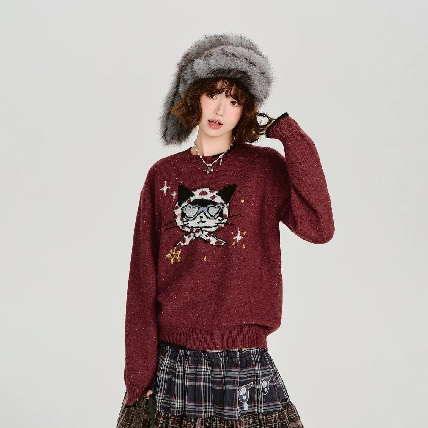 Girlyhalo Vintage Fun Jacquard Crew Neck Sweater