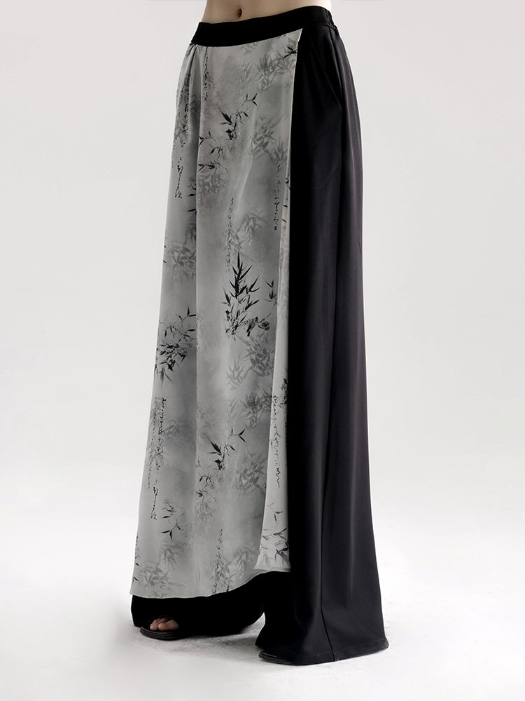 APOZi National Style Ink Printing Straight Wide-leg Pants