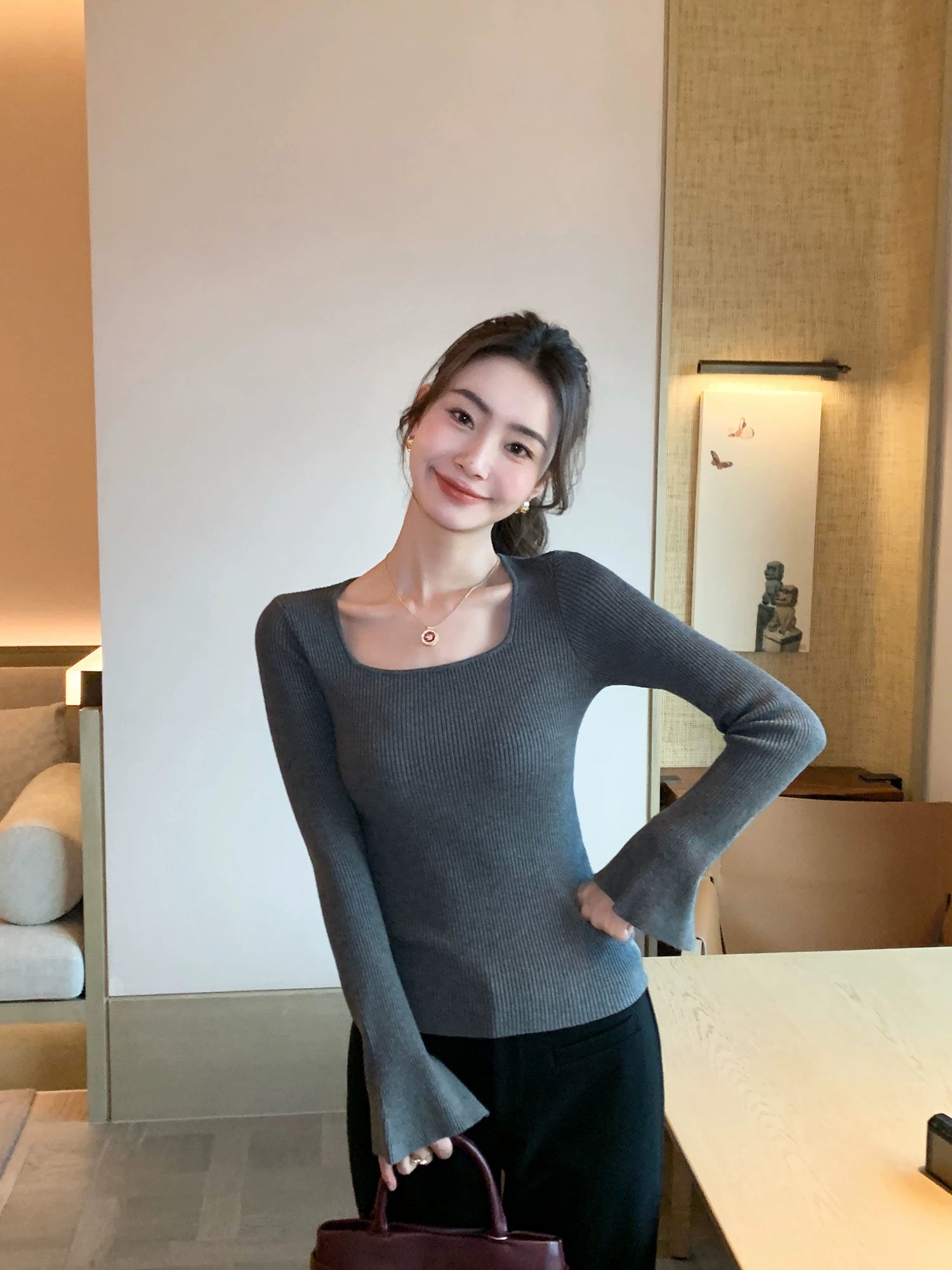 Pusumede Square Neck with Bottom Knitted Long Sleeves