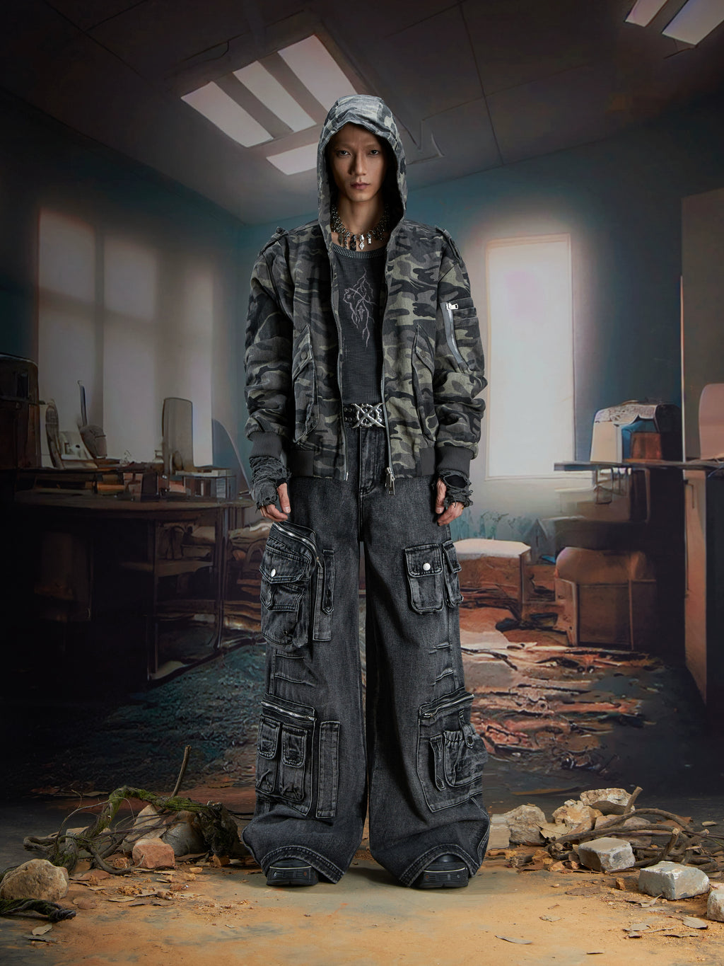 NOMANIAI Stitching Camouflage Hooded Zipper Jacket