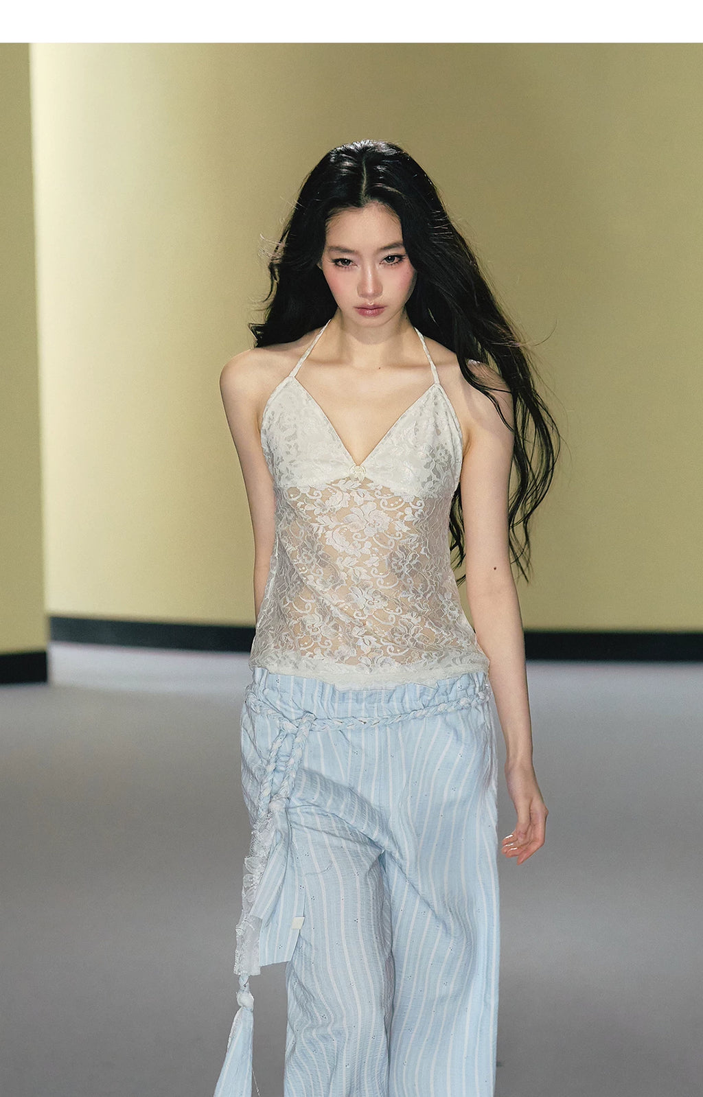 AGAM Striped Braided Drawstring Belt Slim Wide-leg Pants