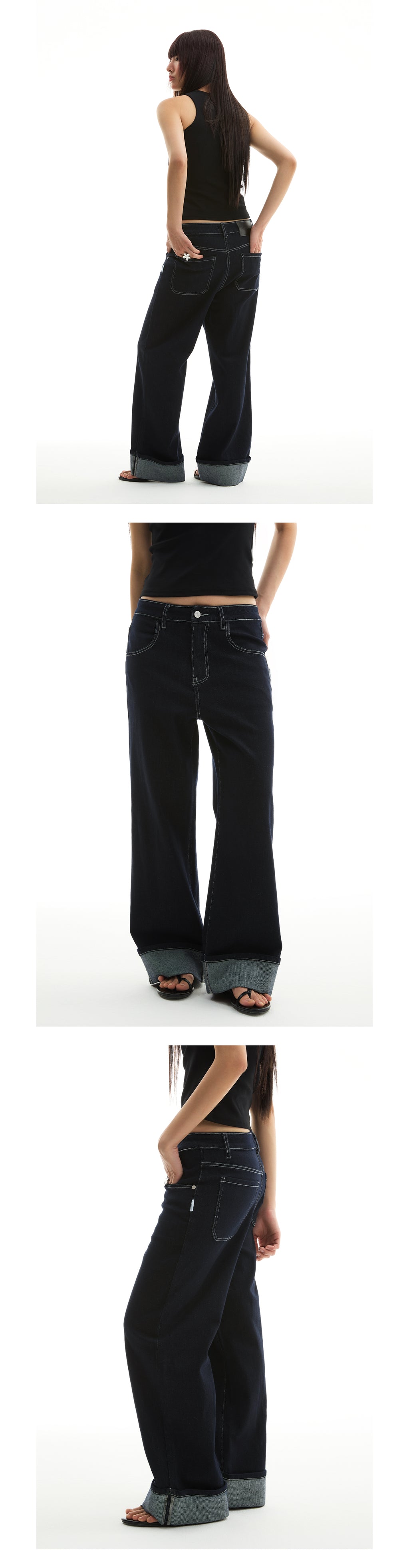 FUNKYFUN 2025SS fold-up pants micro-elastic primary color blue straight jeans