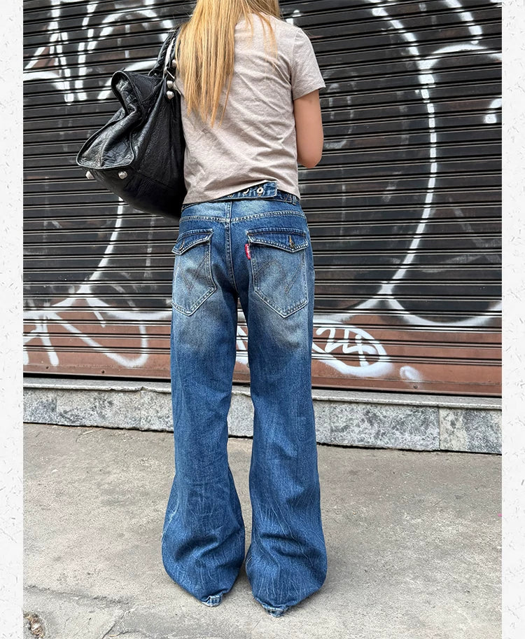 CCYE Straight Tube Medium and Low Waist Worn Old Jeans