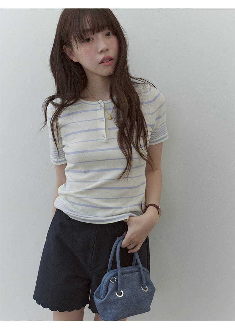 VOOE Contrasting Color Crew Neck Striped Knitted Tee