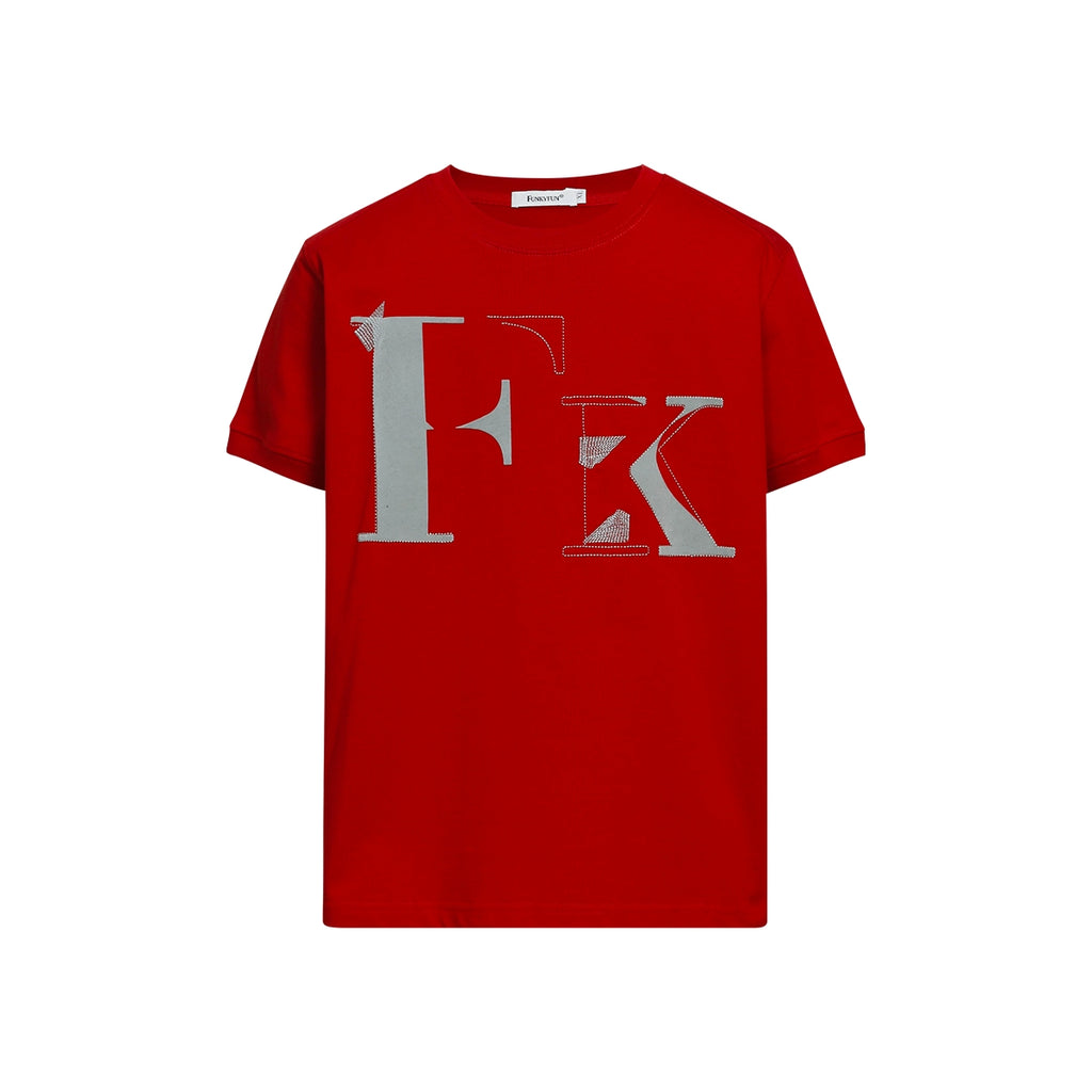 FUNKYFUN FK Letter Embroidery Print Front Shoulder Tee