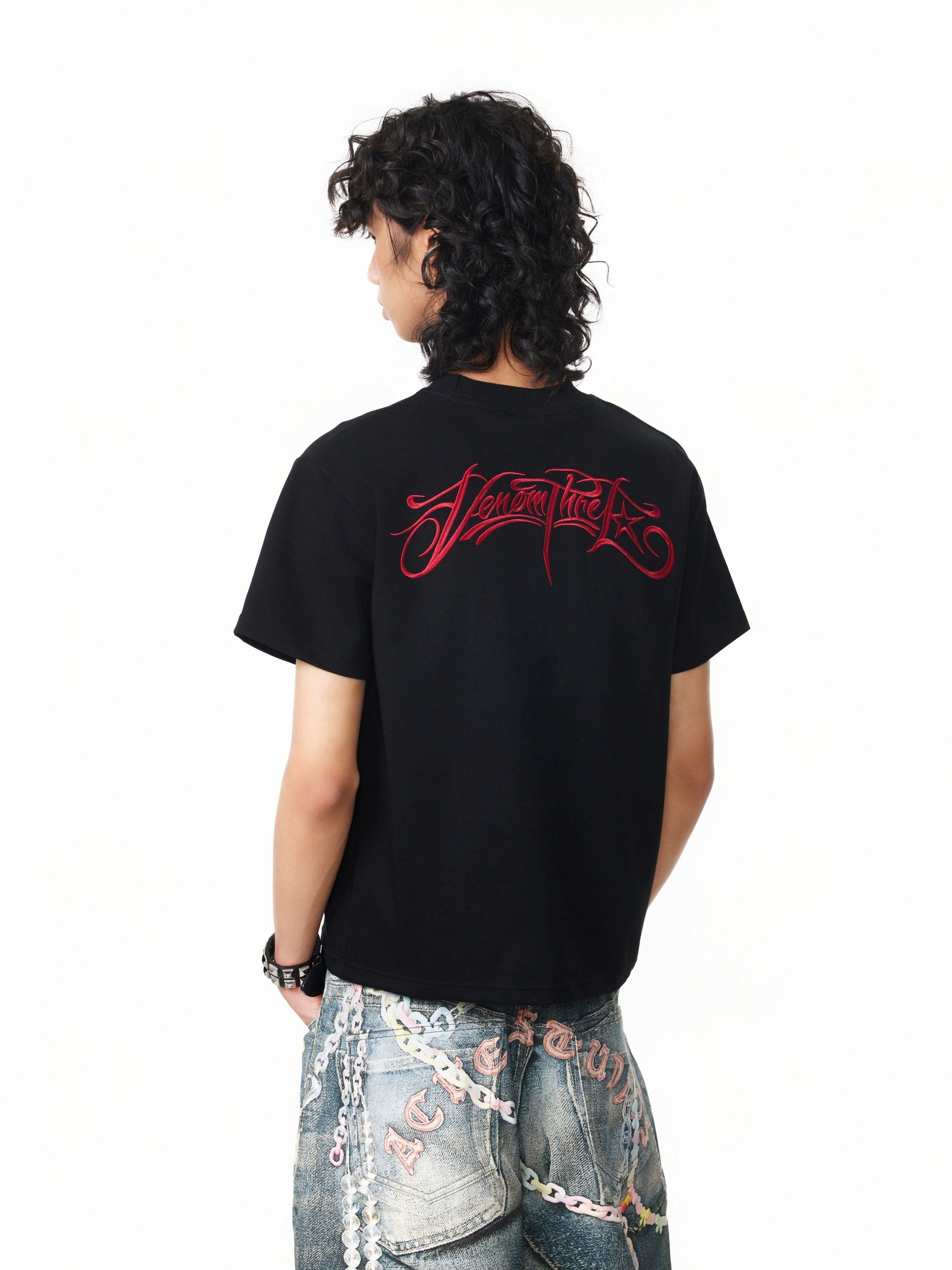 (Clearance) BTSG Vintage Embroidery Alphabet Hip Hop Front Shoulder Short Wide Tee