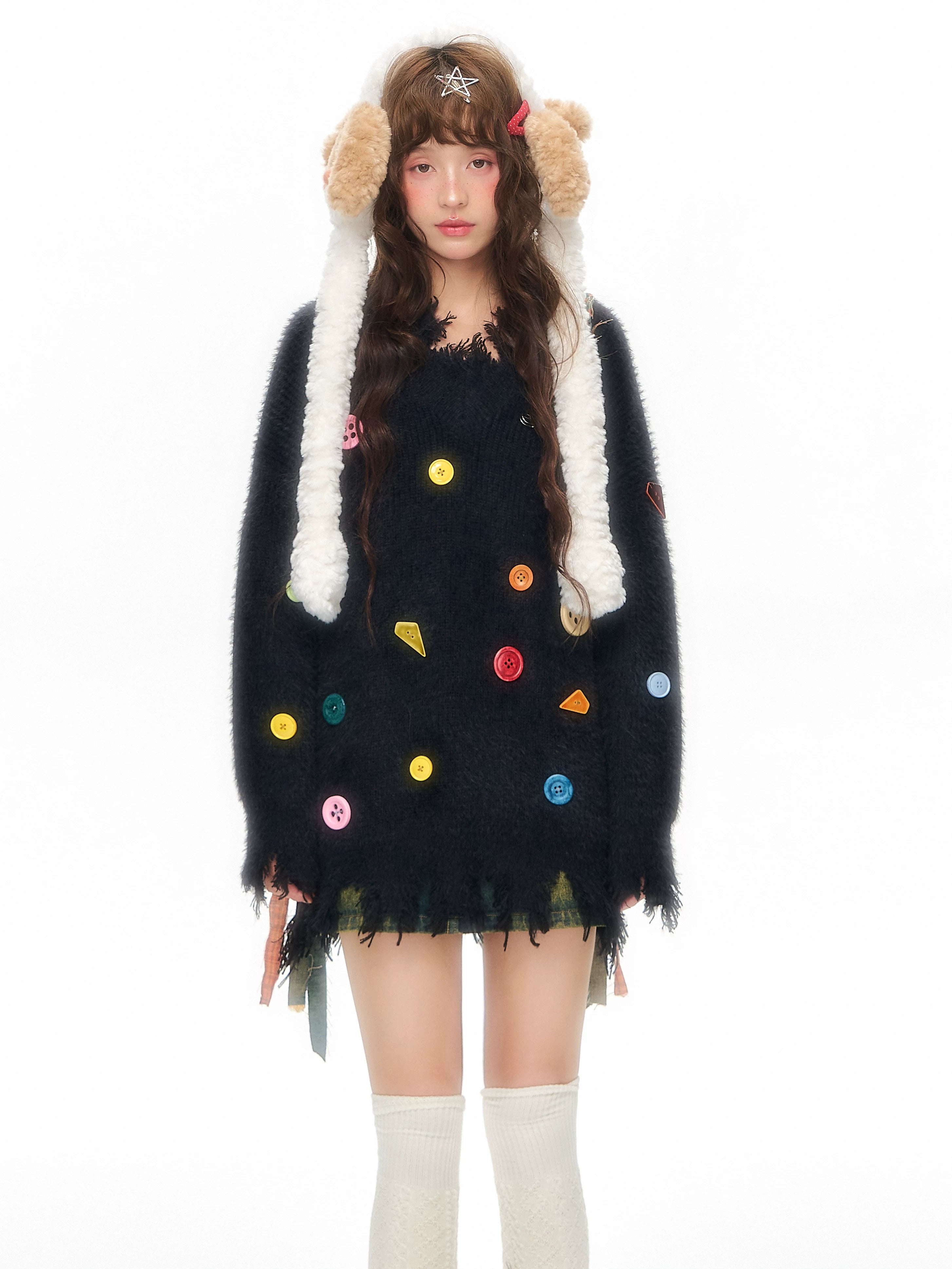 YEDM V-neck Colorful Button-up Sweater