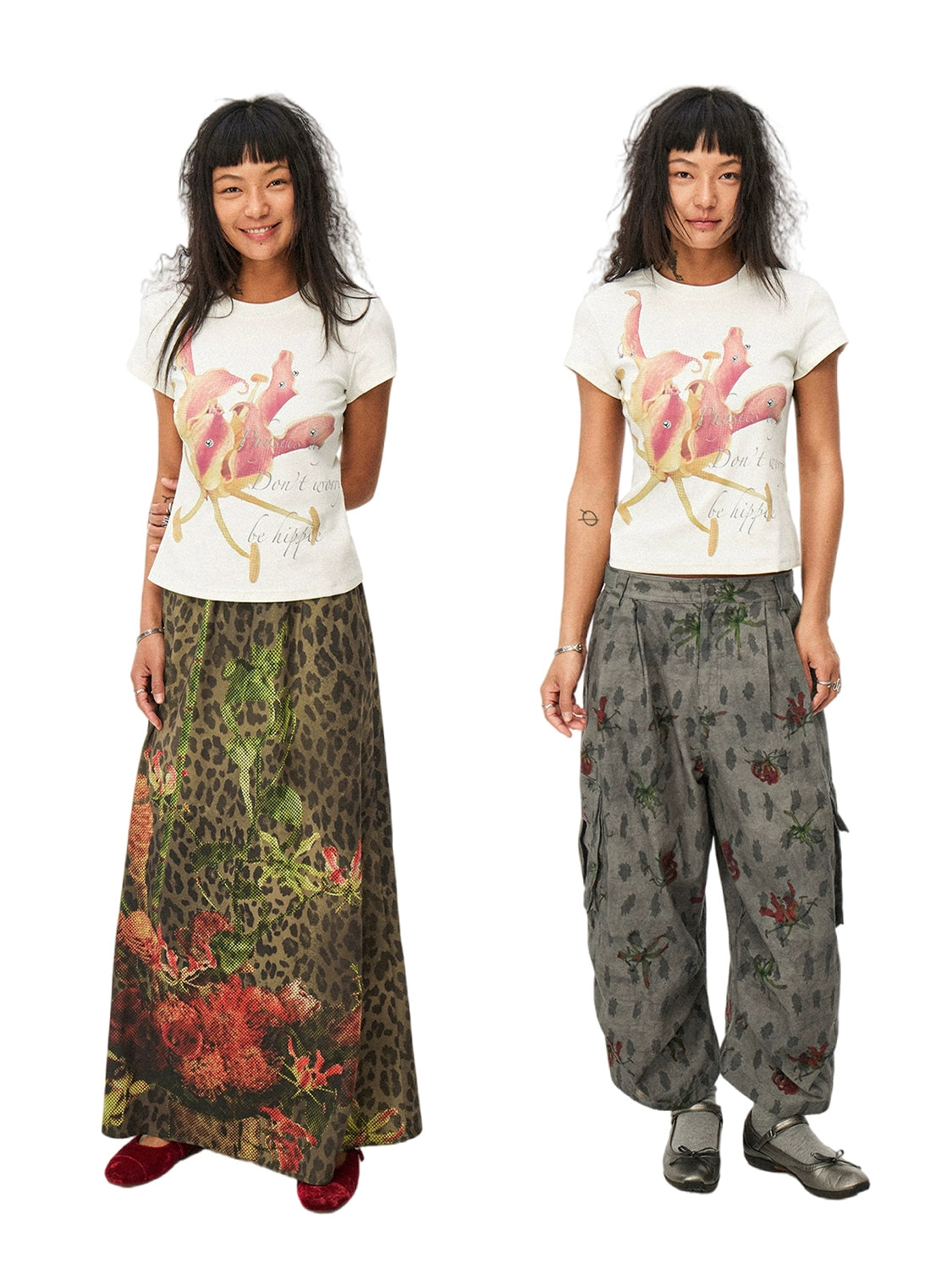 PHYS Floral Print Micro-closure Front Shoulder Short-sleeved T-shirt Tee