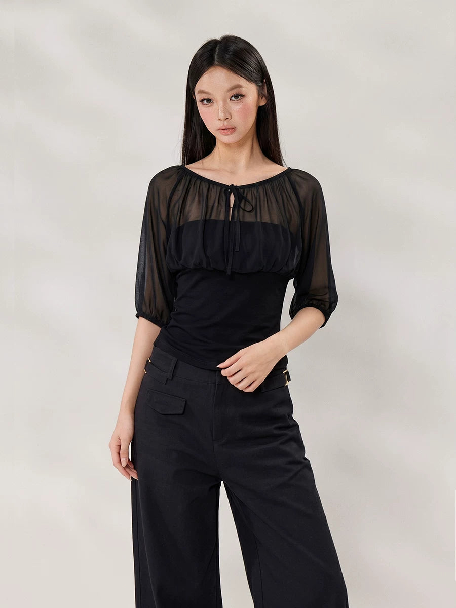 WITHMIN Front Shoulder Waist Thin Fake Two-piece Tee