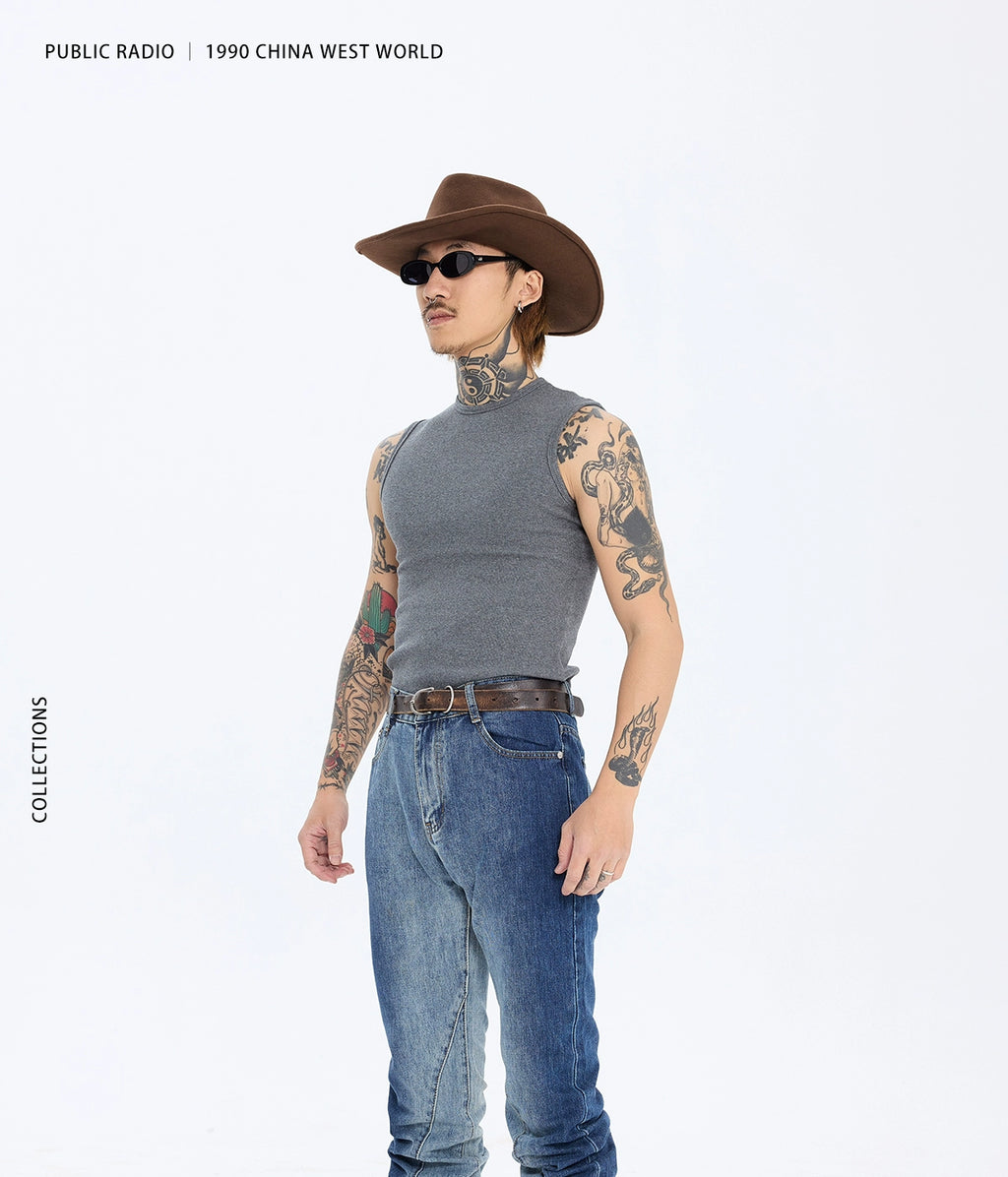 PUBLICRADIO Splicing Washed Heavy Denim Micro-flared Pants