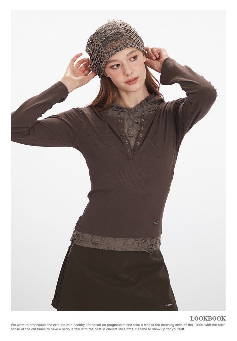 Nariele Fake Two-Piece Hooded Ripped Slim Long Sleeve