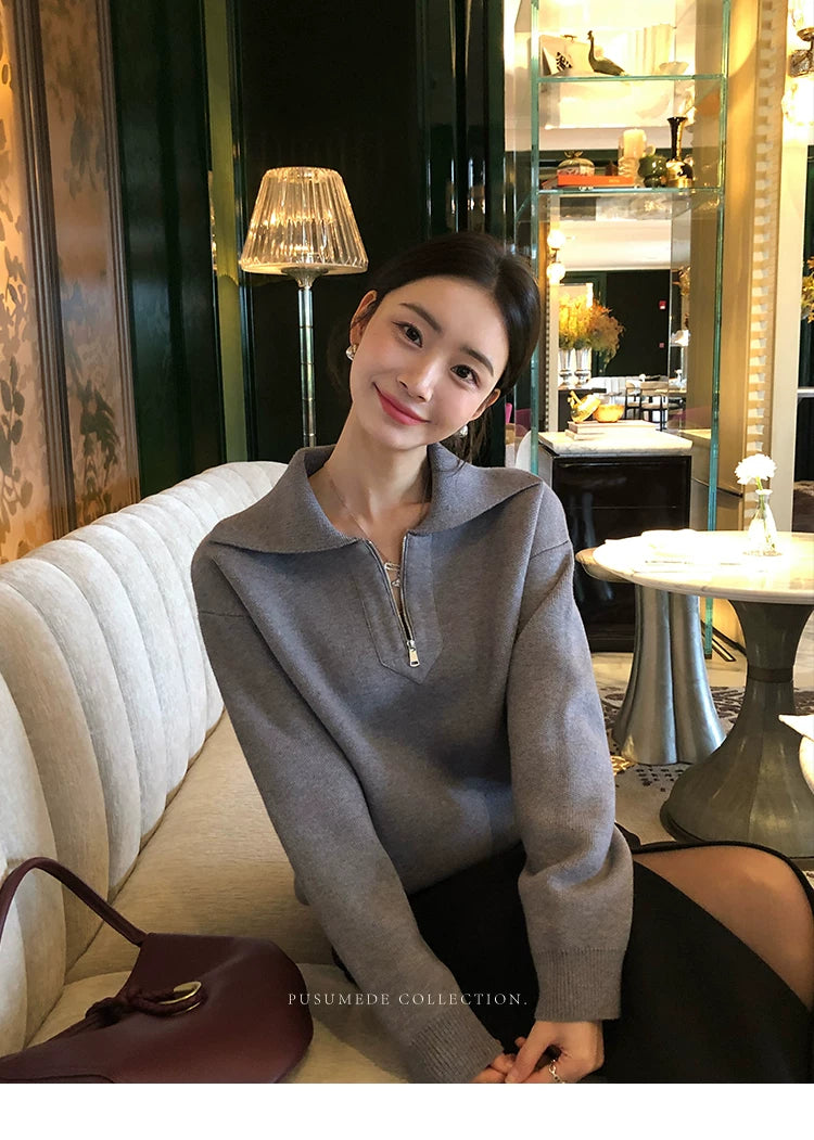 Pusumede Loose Thermal Lapel Knitted Sweater