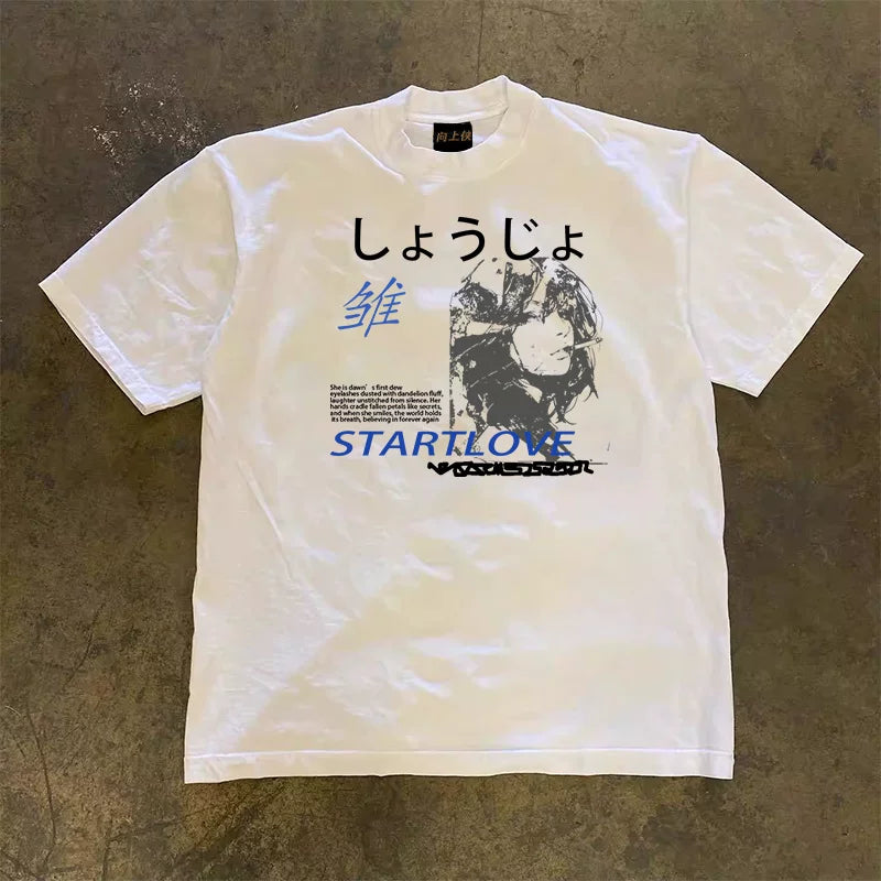 UPUPXIA Retro Anime Print Crew Neck Tee