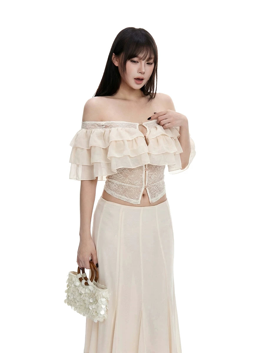 WITHMIN Lace Splicing Slim-fit Short Tee